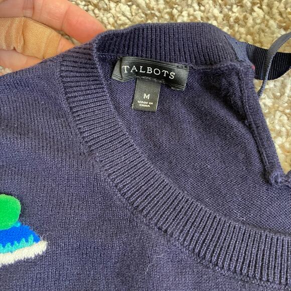 Talbots Sz M Party Hat Scoop Neck Sweater Navy with Multicolor Birthday Holiday - Picture 10 of 16